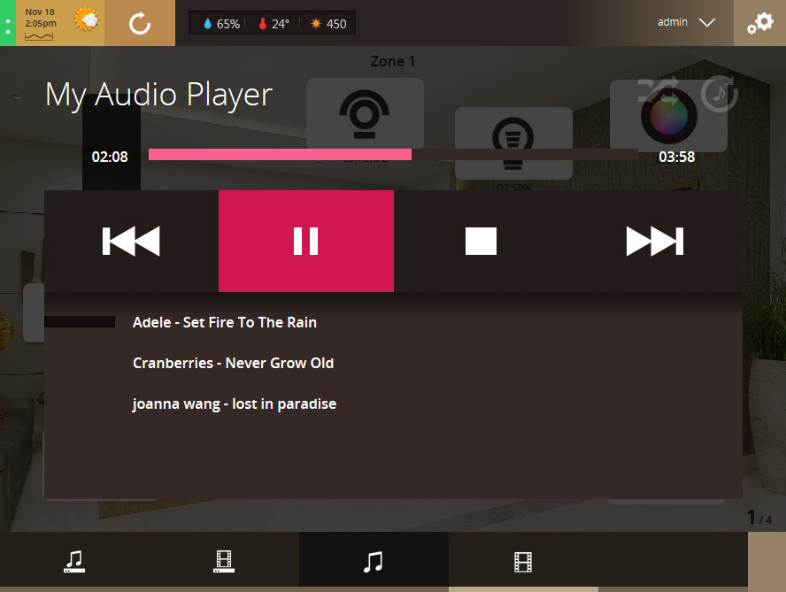 VHOME Smart Home music player UI screenshot