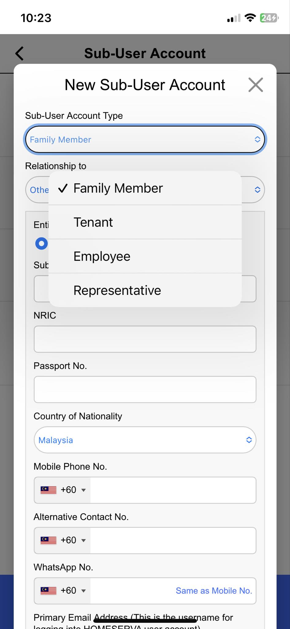 Sub-User Accounts App Screenshot - Select Card Access Type