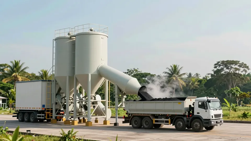 Asphalt batch mix plant loading a truck with hot mix