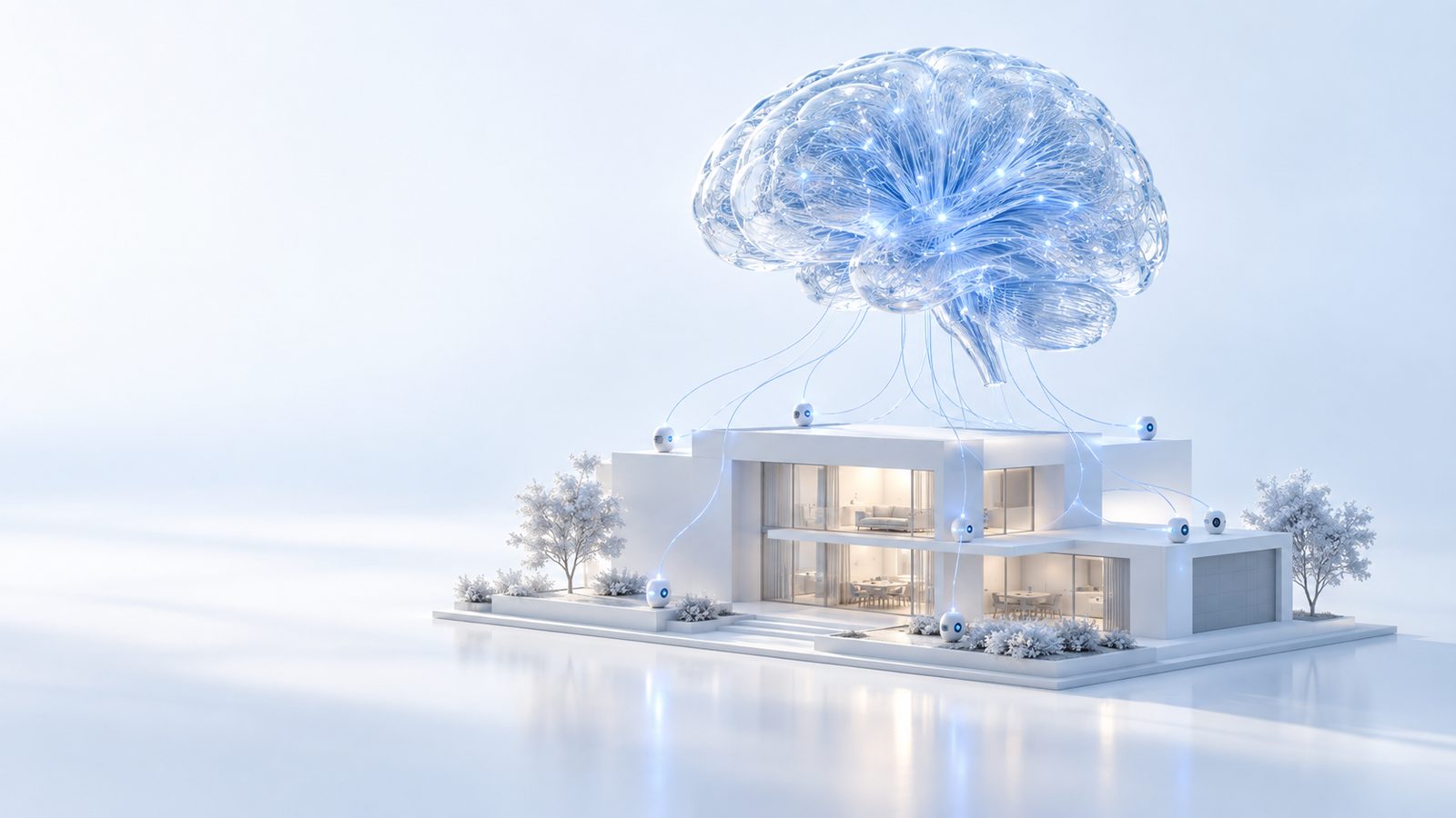 A glass brain made of glowing neural threads linked to sensors on a white model smart home, representing research in AI, IoT and AI psychology