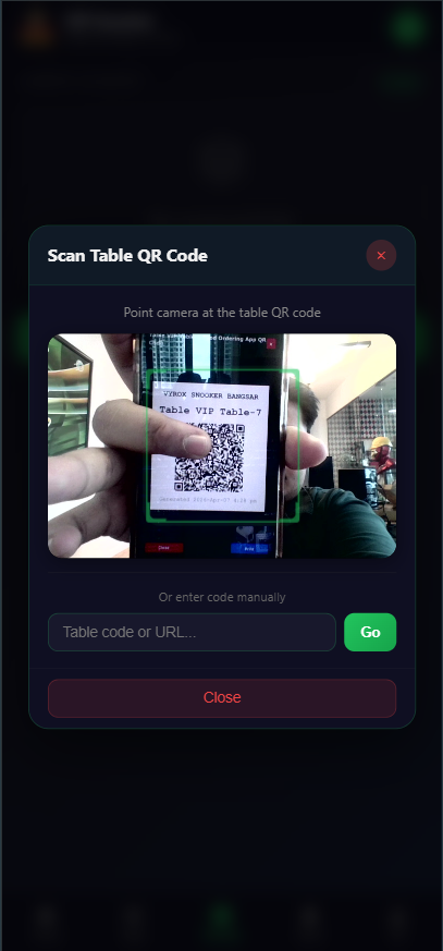Snooker King software — Member App Table QR Scan screenshot showing the in-app camera scanning a table QR sticker to start a session and link the running charges to the member account