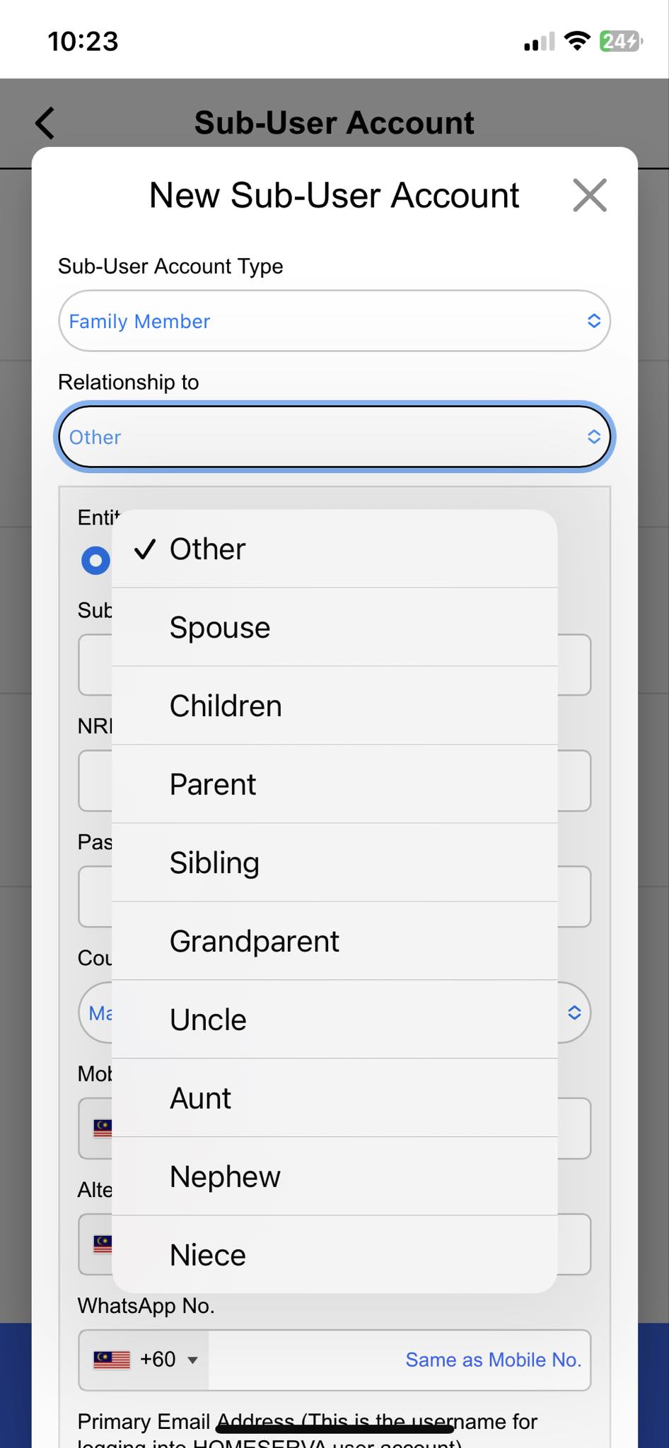 Sub-User Accounts App Screenshot - Select Relationship to Applicant