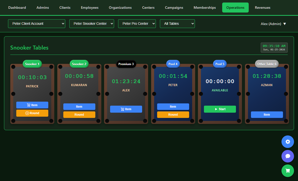 VIP Snooker Software Main Interface - Complete billiard center management dashboard
