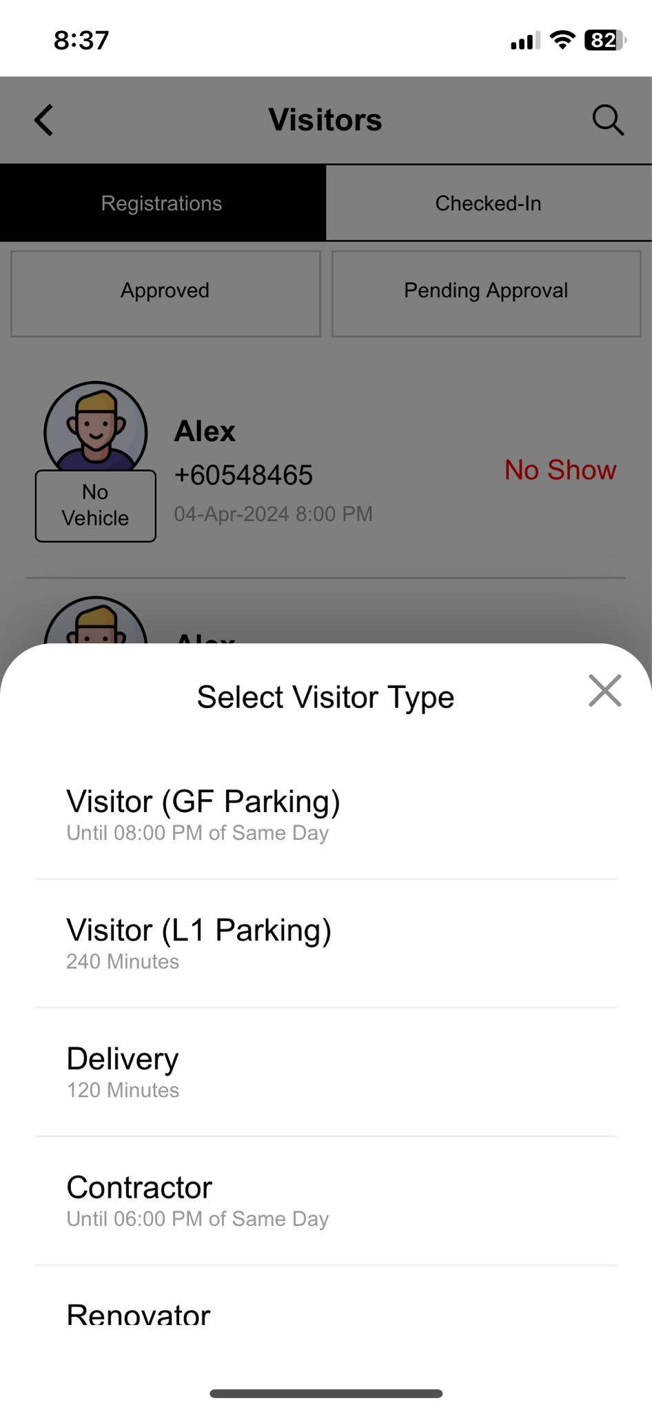 Visitors App - Select Visitor Type
