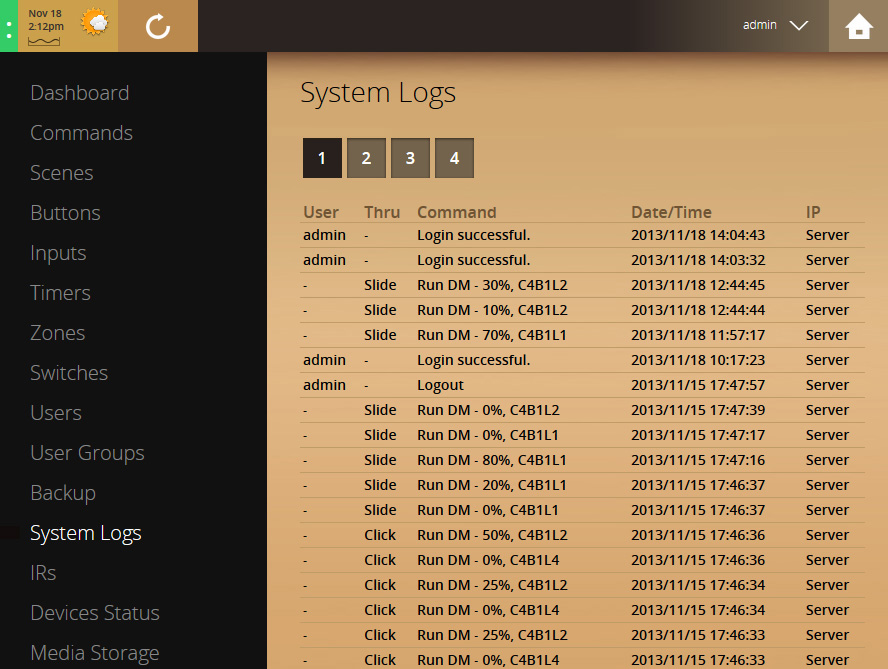VHOME Smart Home system log UI screenshot